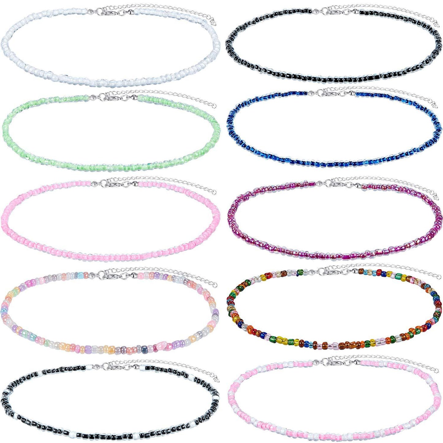 Bohemian Short Choker Necklace with Adjustable Fish Line Chain and Geometric Seed Beads