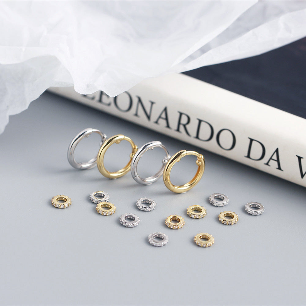 Elegantes Pendientes de Aro Detachables Geométricos Redondos de Plata Esterlina 925 con Diamantes Incrustados para Mujer