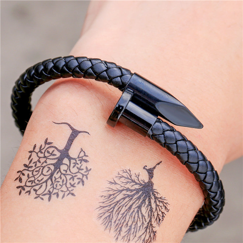Punk Geometric Titanium Steel and Leather Woven Bracelet Unisex