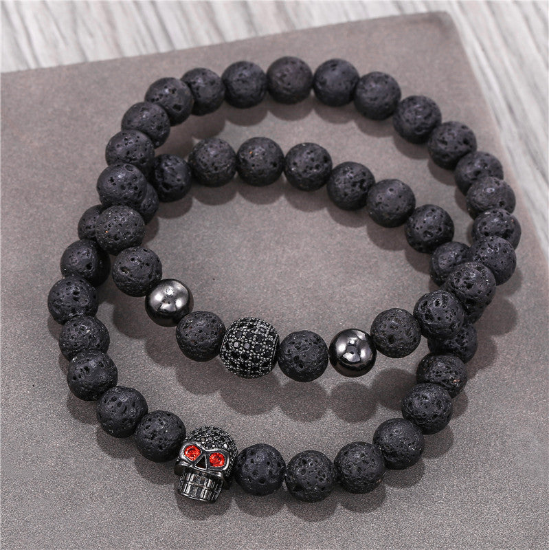 Punk Micro-pavé Cubic Zirconia Skull and Volcanic Stone Bead Bracelet for Unisex