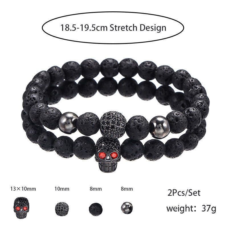 Punk Micro-pavé Cubic Zirconia Skull and Volcanic Stone Bead Bracelet for Unisex
