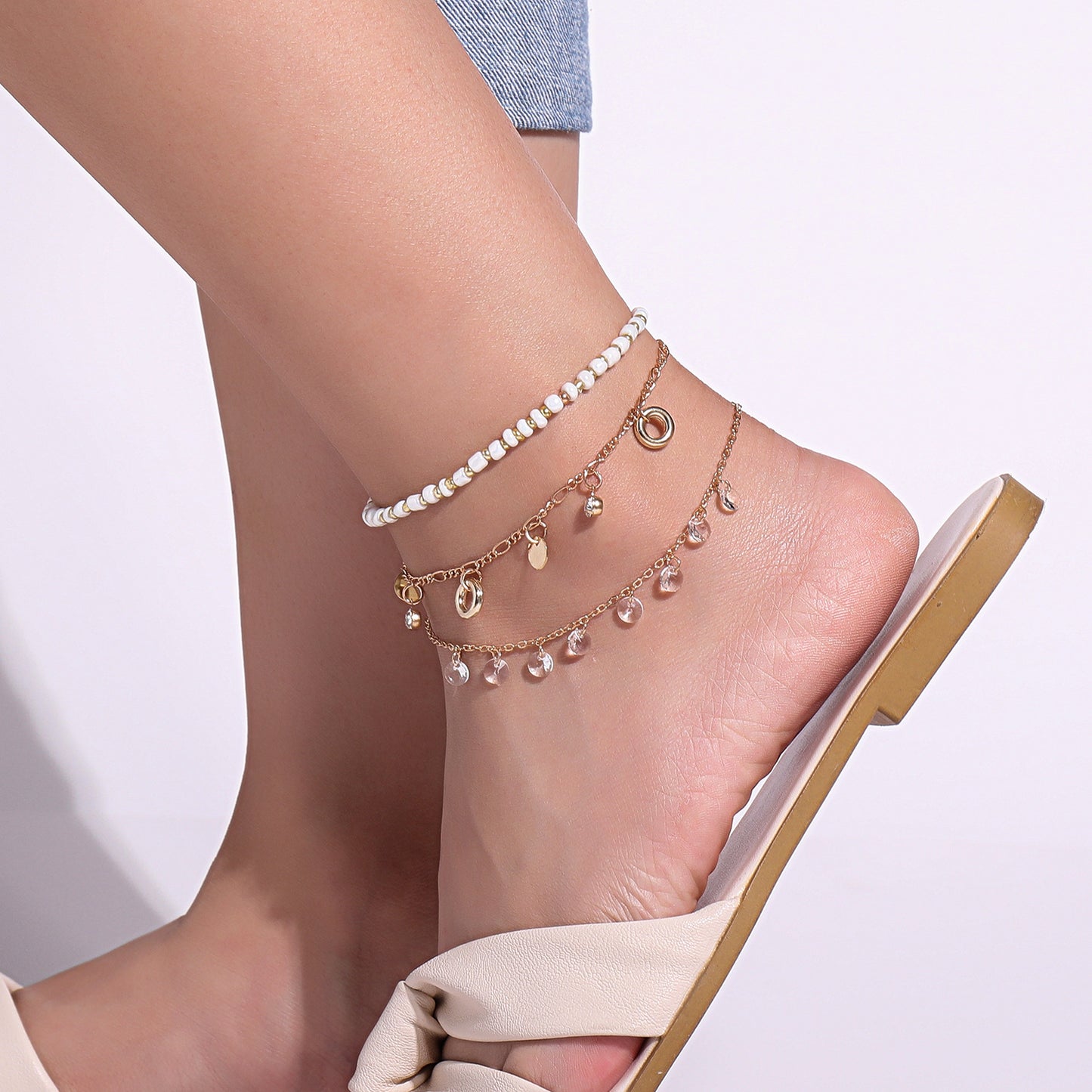 Geometric Alloy Foot Chain for Women, Rhinestone Pendant Anklet Set, European Style Fashion Jewelry, Gift for Wedding Travel Memorabilia Employee Appreciation