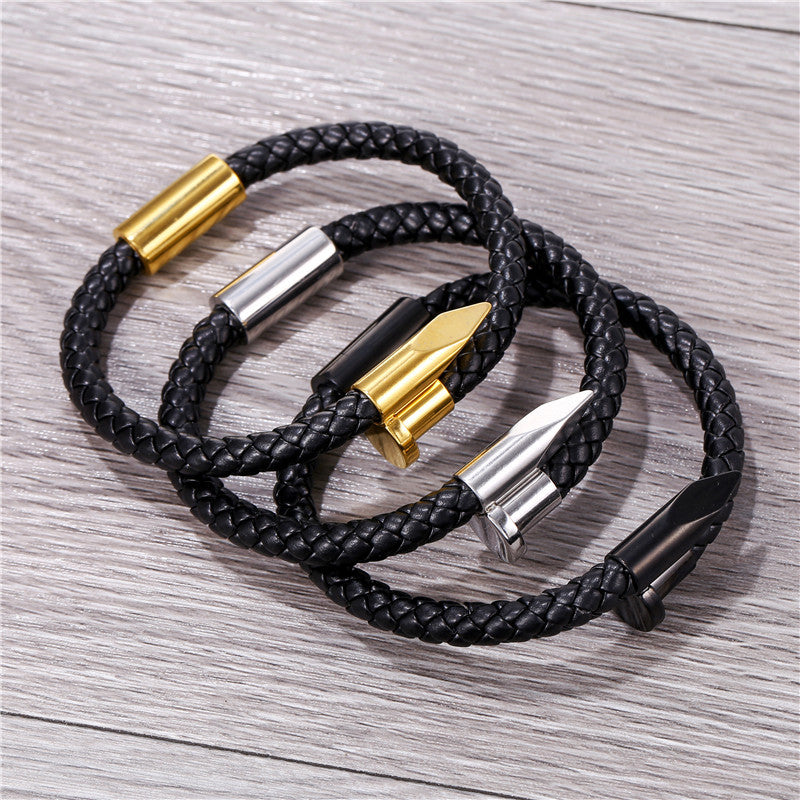 Punk Geometric Titanium Steel and Leather Woven Bracelet Unisex