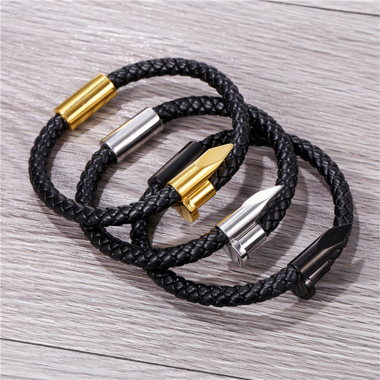 Punk Geometric Titanium Steel and Leather Woven Bracelet Unisex