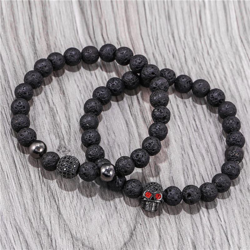 Punk Micro-pavé Cubic Zirconia Skull and Volcanic Stone Bead Bracelet for Unisex
