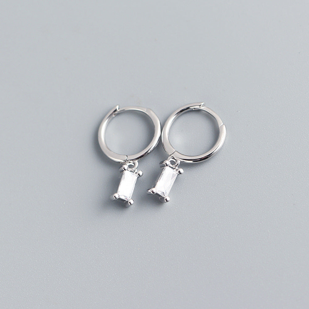 Minimalist 925 Sterling Silver Rectangle Geometric Inlaid Cubic Zirconia Hoop Earrings