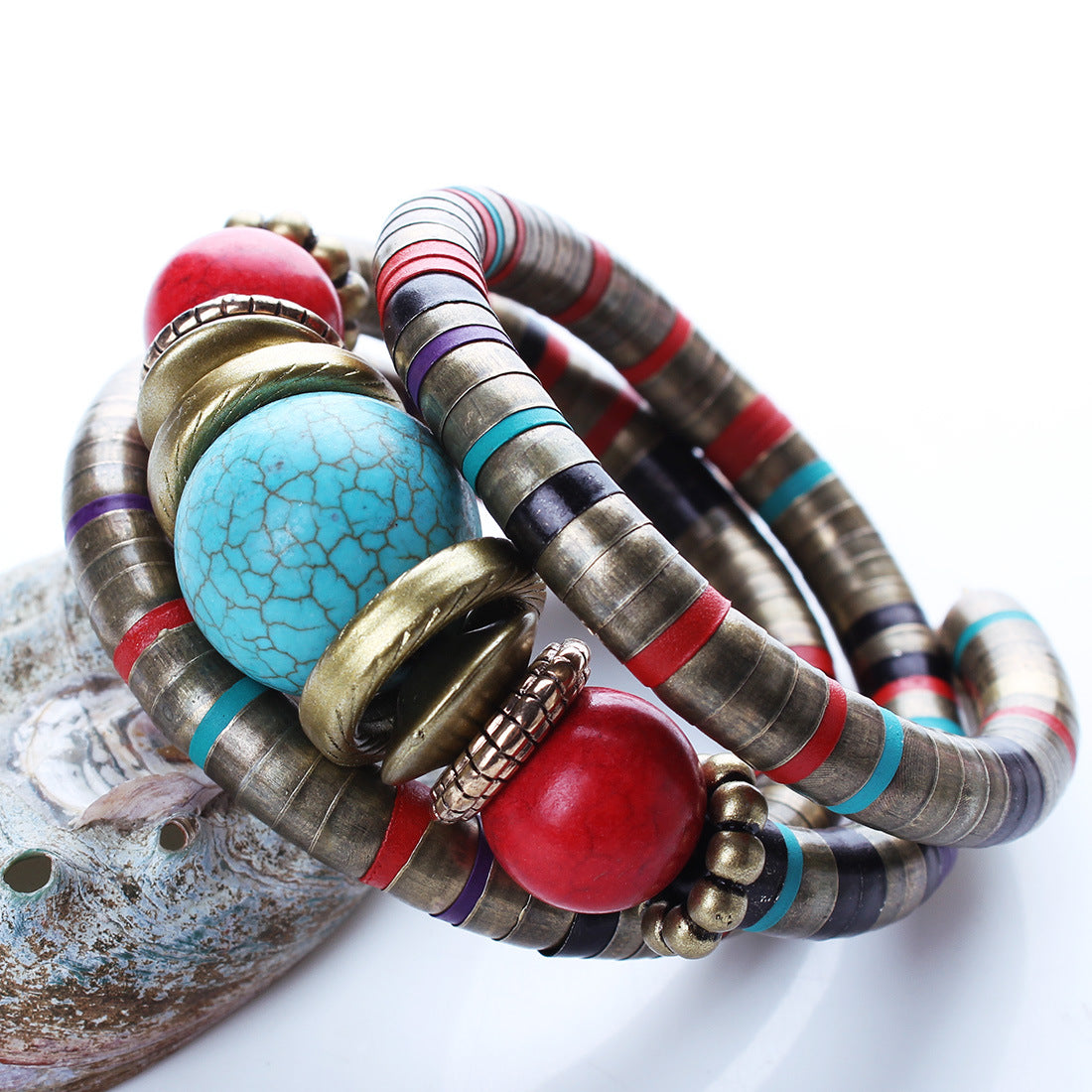Pulsera Boho de Hueso de Serpiente Multicapa con Cuentas Turquesas Diseño Geométrico Joyería de Mano Unisex