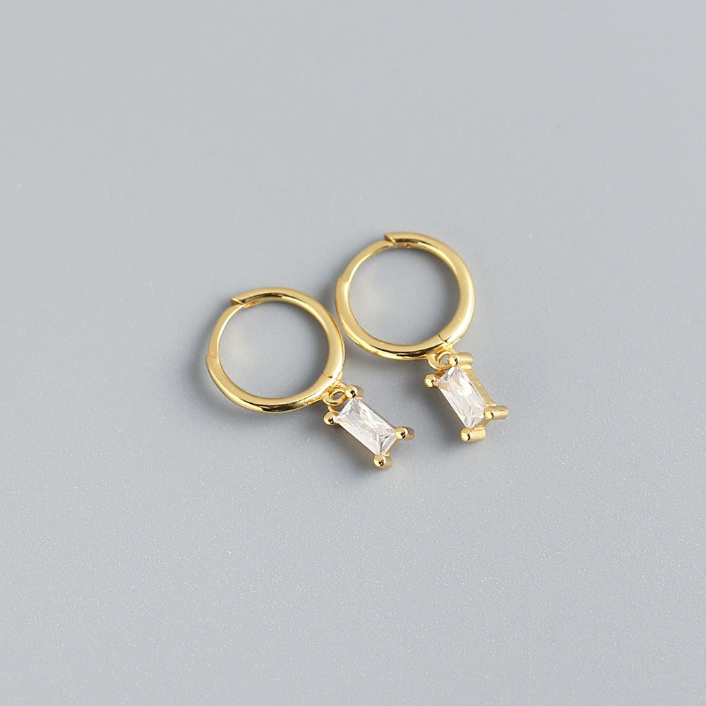 Minimalist 925 Sterling Silver Rectangle Geometric Inlaid Cubic Zirconia Hoop Earrings