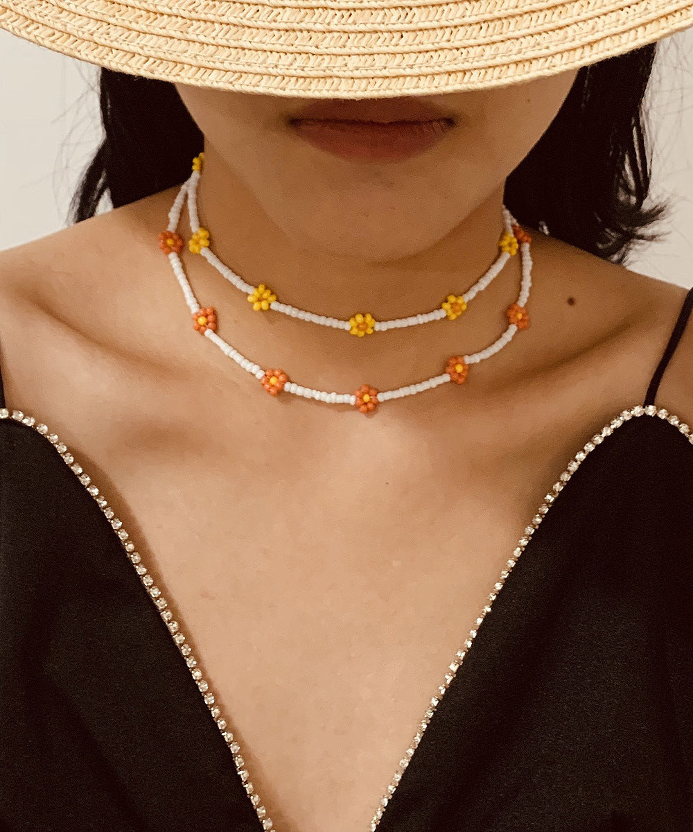 Sweet Floral Rice Bead Ball Chain Necklace for Women