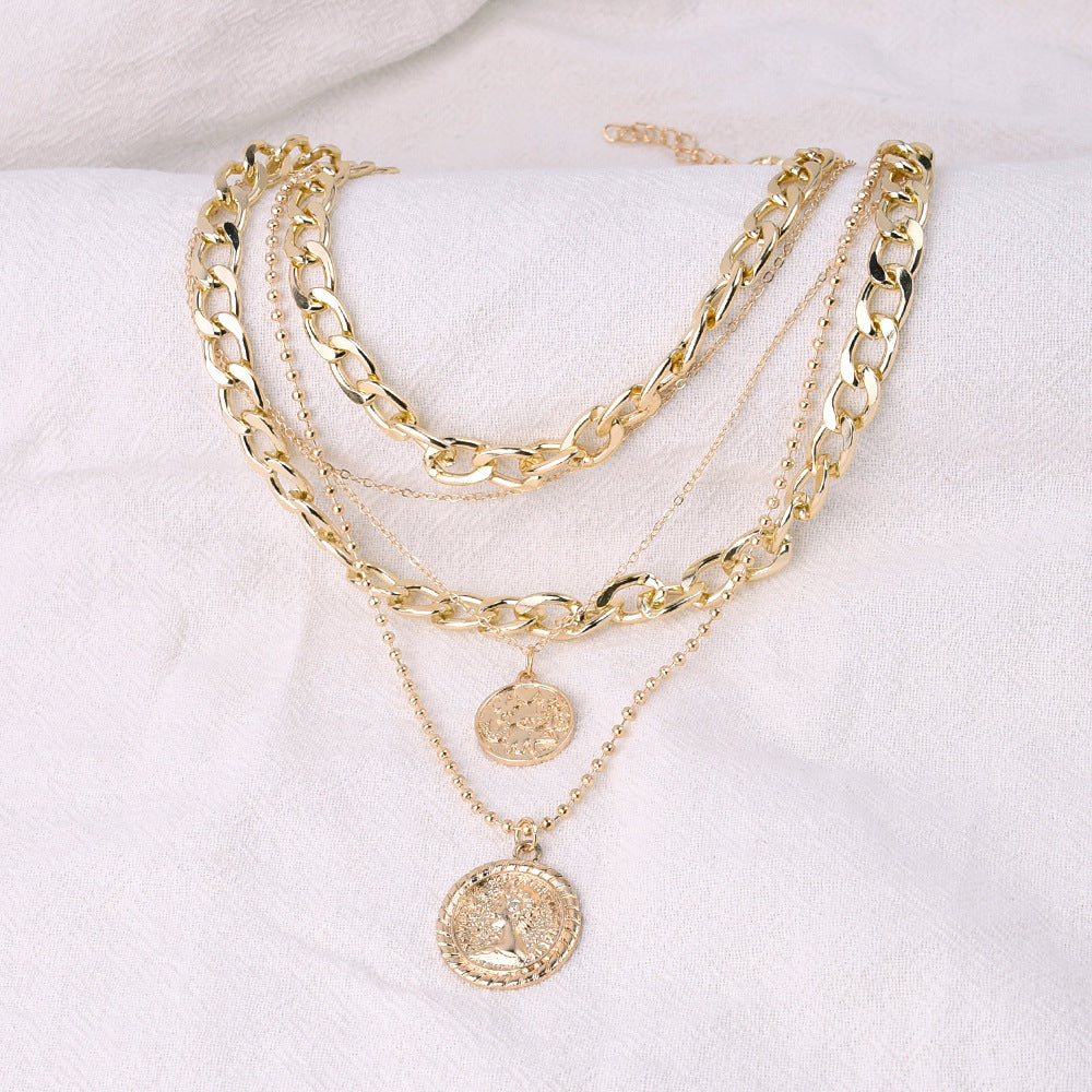 Collar con colgante de aleación redonda de varias capas y cadena singapur