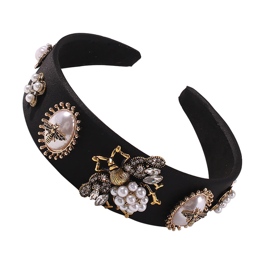 Women's Fashionable Floral Rhinestone Glass Bead Alloy Headband, Dramatic Wide Edge Hair Accessory, Handmade, 16*14.5cm