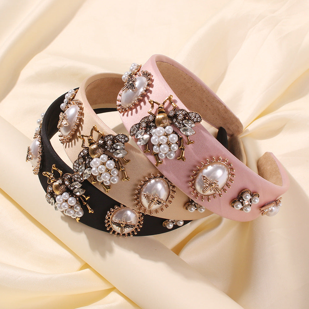 Women's Fashionable Floral Rhinestone Glass Bead Alloy Headband, Dramatic Wide Edge Hair Accessory, Handmade, 16*14.5cm