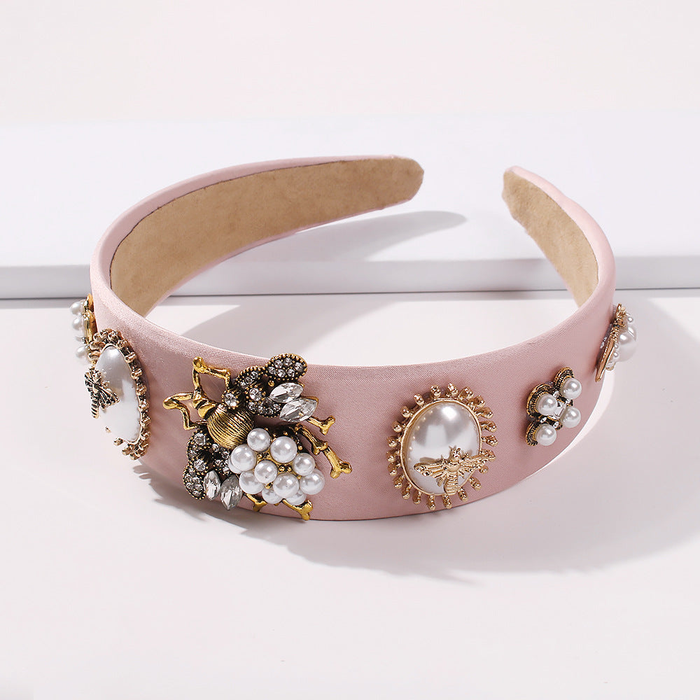 Women's Fashionable Floral Rhinestone Glass Bead Alloy Headband, Dramatic Wide Edge Hair Accessory, Handmade, 16*14.5cm