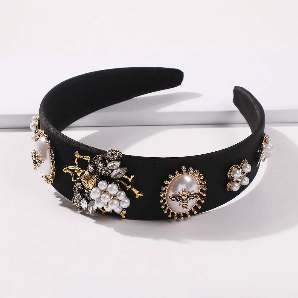 Women's Fashionable Floral Rhinestone Glass Bead Alloy Headband, Dramatic Wide Edge Hair Accessory, Handmade, 16*14.5cm