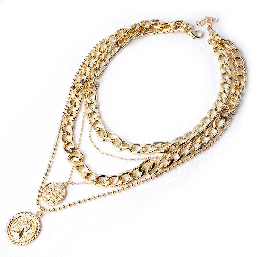 Collar con colgante de aleación redonda de varias capas y cadena singapur