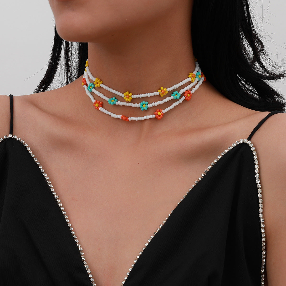 Sweet Floral Rice Bead Ball Chain Necklace for Women