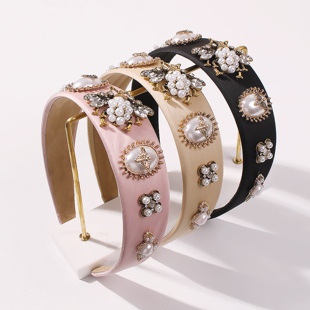 Women's Fashionable Floral Rhinestone Glass Bead Alloy Headband, Dramatic Wide Edge Hair Accessory, Handmade, 16*14.5cm