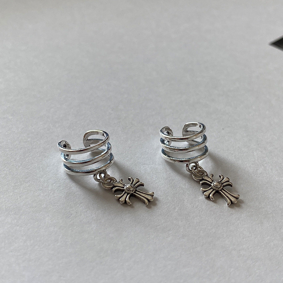 Minimalist 925 Sterling Silver Teardrop Cross Earrings Vintage Finish