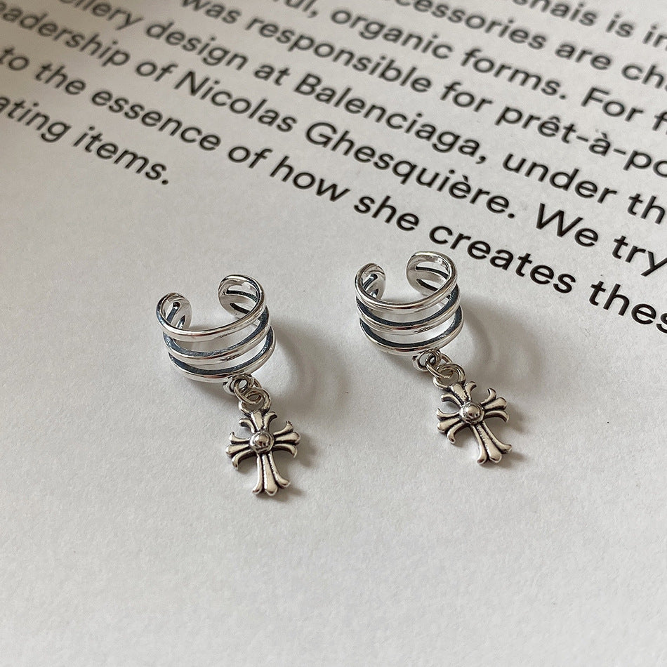Minimalist 925 Sterling Silver Teardrop Cross Earrings Vintage Finish