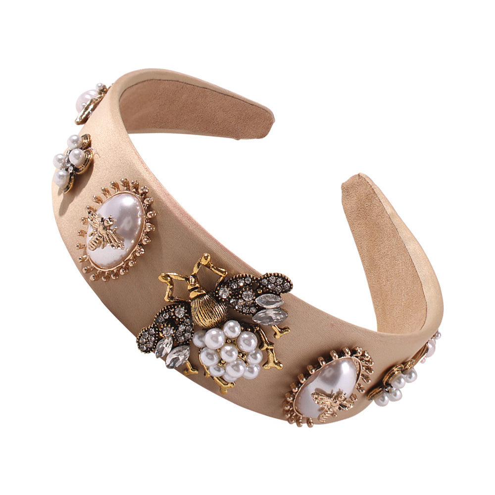 Women's Fashionable Floral Rhinestone Glass Bead Alloy Headband, Dramatic Wide Edge Hair Accessory, Handmade, 16*14.5cm