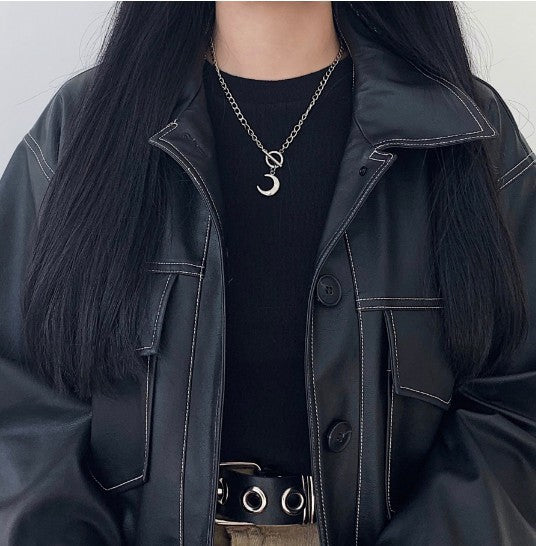Korean Style Minimalist Alloy Crescent Moon Pendant Necklace with Box Chain Plated Finish for Women