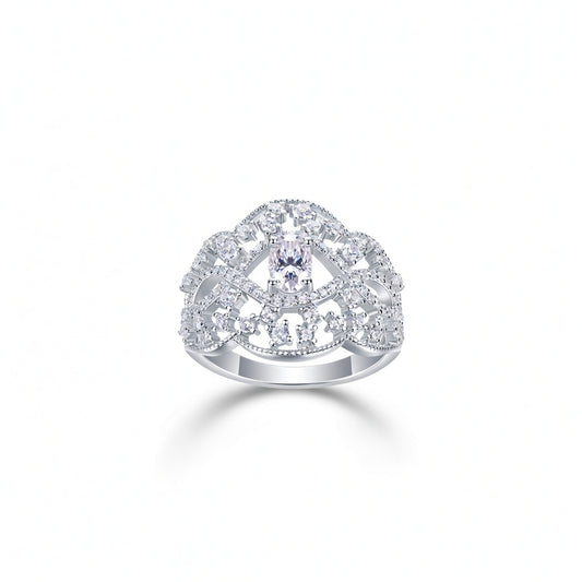 Anillo de mujer de plata de ley 925 con diseño geométrico ovalado de moissanita con filigrana calada