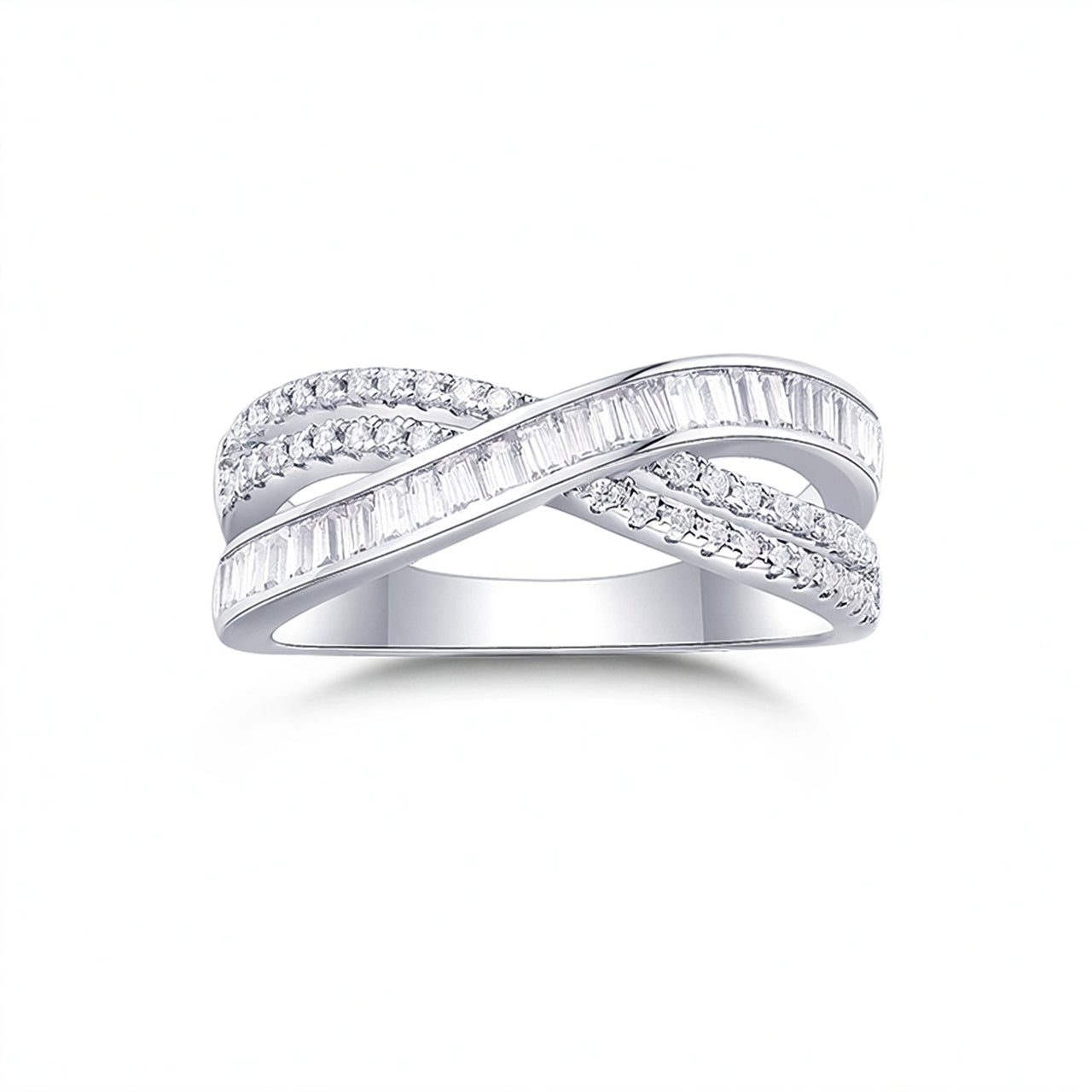 Fashion Geometric Cross Twisted Arm Step-Cut Moissanite 925 Sterling Silver Ring for Women