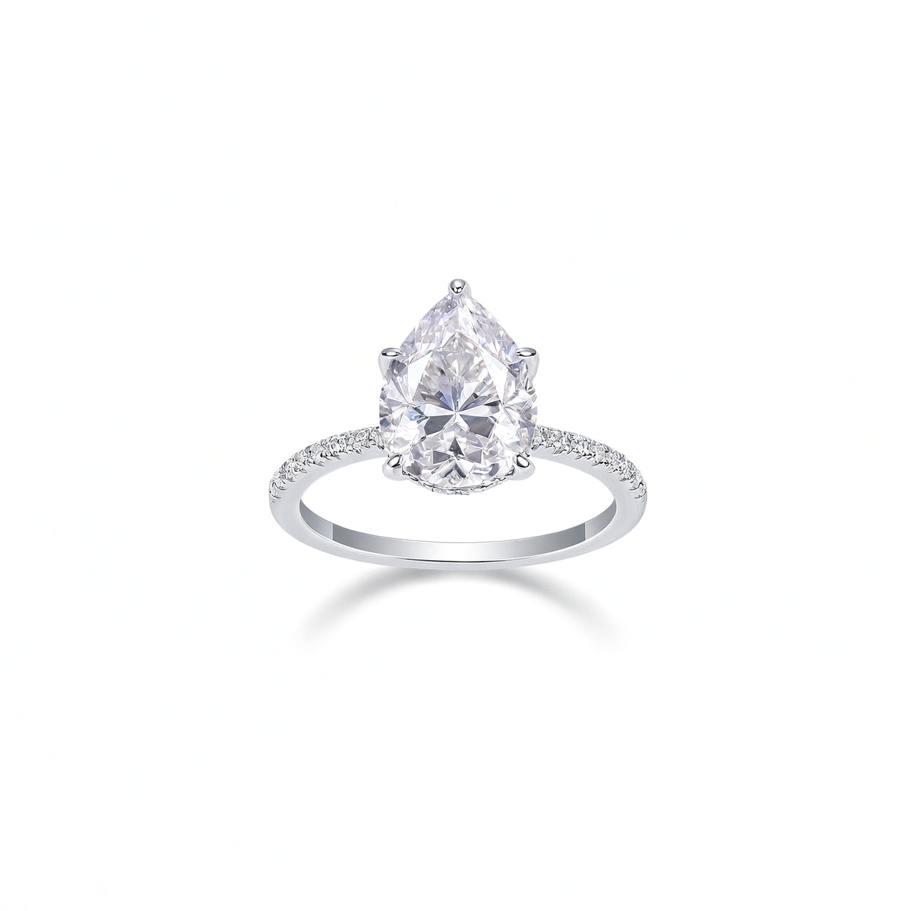 Anillo de plata de ley S925 con moissanita talla pera y piedras laterales para mujer