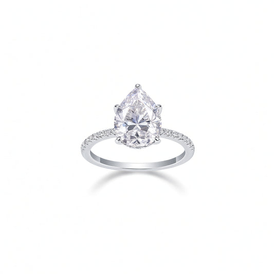 Fashion S925 Sterling Silver Pear Cut Moissanite Ring with Side Stones for Women