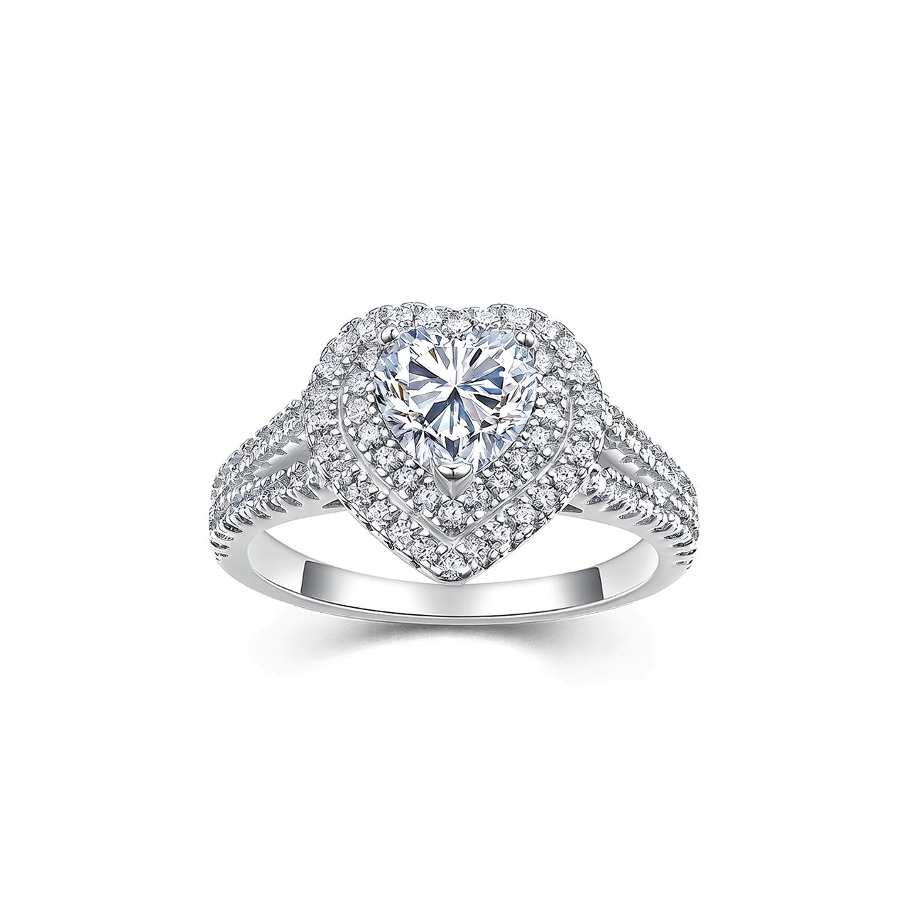 Fashion 925 Sterling Silver Heart Shape Moissanite Double Halo Setting Ring for Women