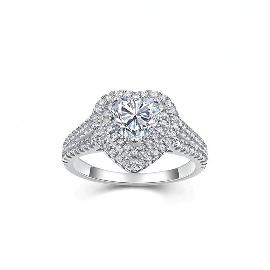 Anello da donna in argento Sterling 925 con moissanite a forma di cuore e doppia aureola