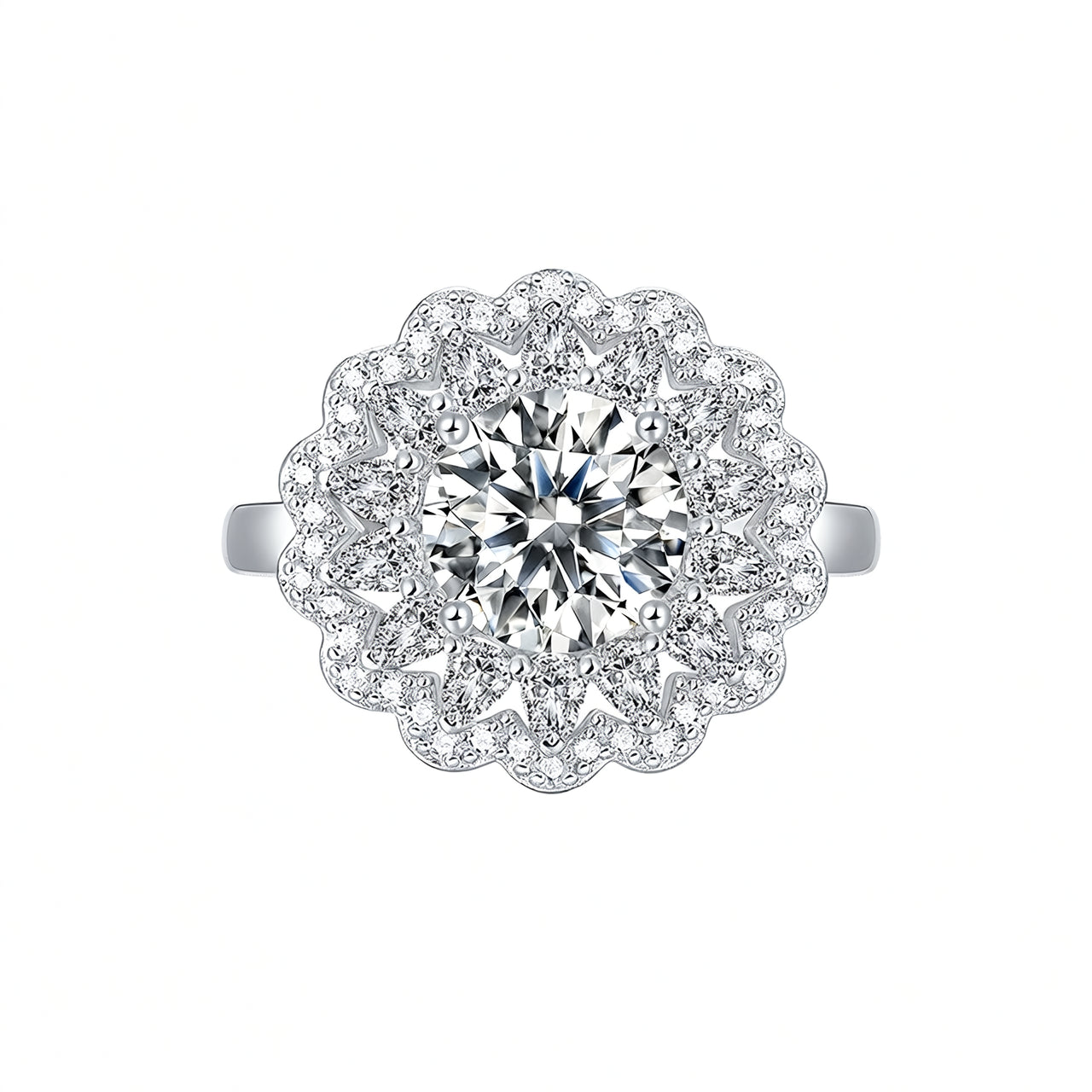 Anello da donna in argento sterling 925 di lusso con moissanite e motivo floreale grande