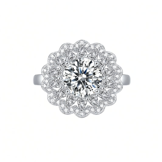 Anillo de lujo de plata de ley 925 con diseño floral grande y moissanita para mujer