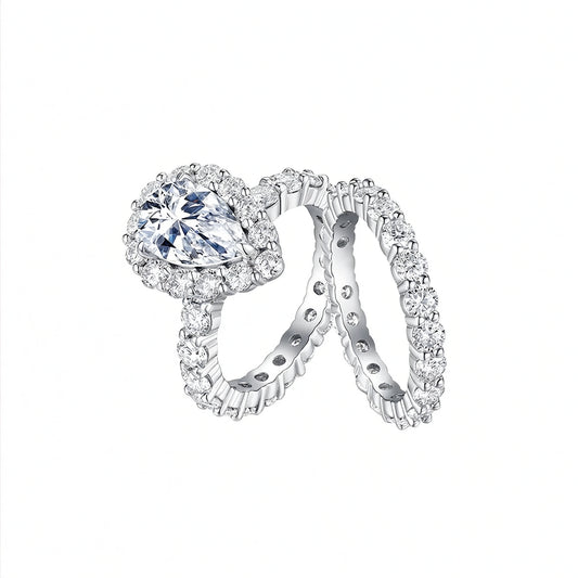 Conjunto de anillo de halo con moissanita en forma de huevo de plata de ley 925 con diseño geométrico y de moda para mujer