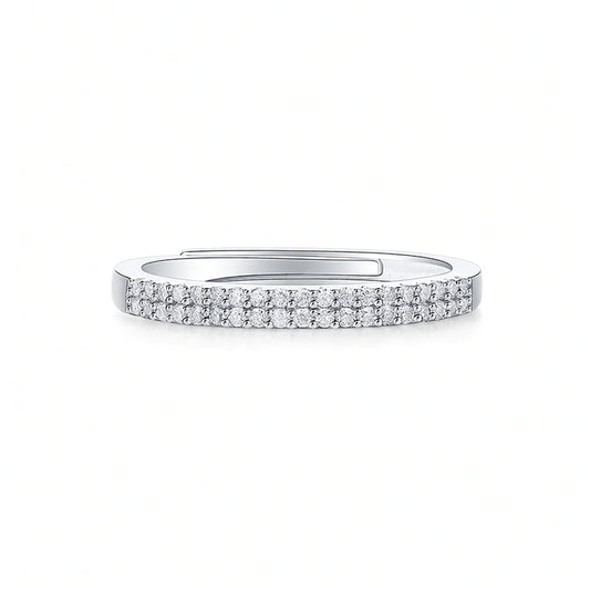 Anillo de doble hilera de moissanita redonda de plata de ley 925 minimalista estilo Ins con baño de oro de 18K para mujer