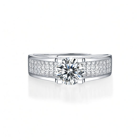 Elegante anello geometrico in argento sterling 925 con intarsio di moissanite rotonda e ovale, incastonatura a quattro griffe placcata oro 18K