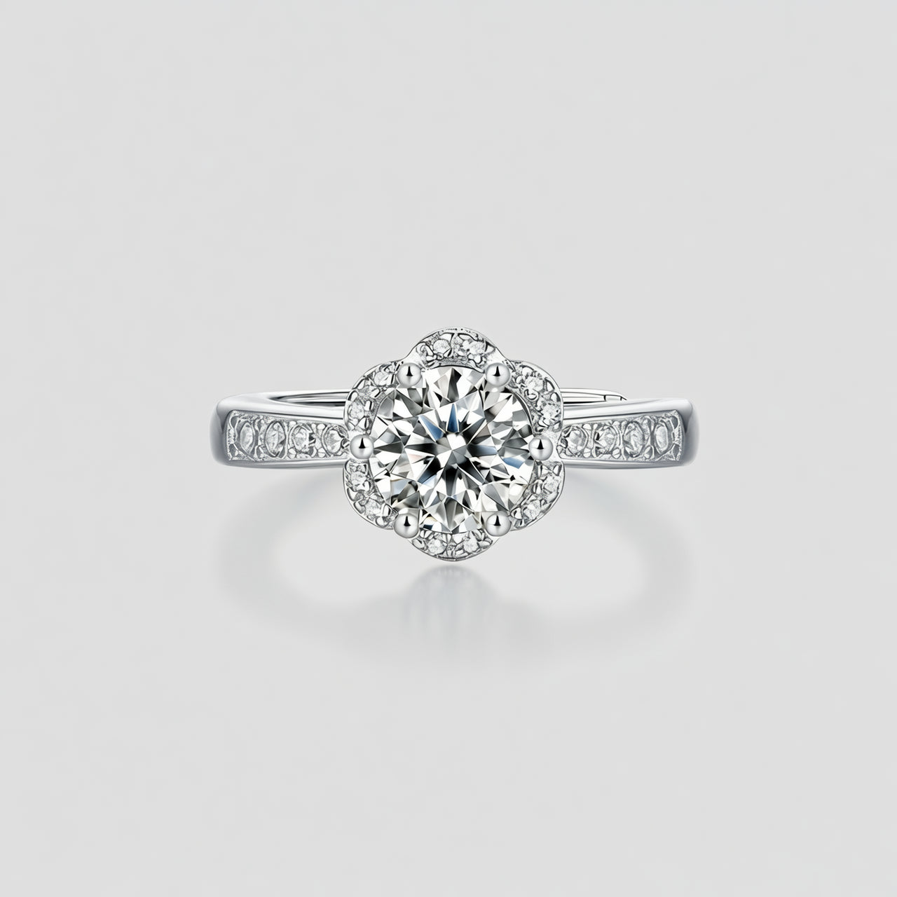 Sweet Elegant 925 Sterling Silver Gold Plated Round Floral Moissanite Ring for Women