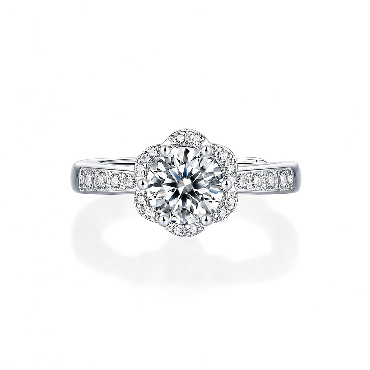 Sweet Elegant 925 Sterling Silver Gold Plated Round Floral Moissanite Ring for Women