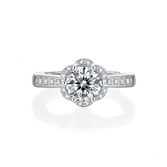 Anello in Moissanite Rotondo Floreale Placcato Oro in Argento Sterling 925 Dolce ed Elegante da Donna