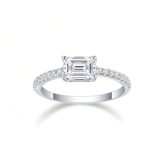 Elegante Anello in Argento Sterling 925 con Moissanite Rettangolare, Incassatura a Quattro Griffe, Gioielli di Fidanzamento Geometrici da Donna