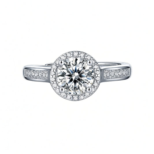 Anillo de plata de ley 925 con diseño geométrico redondo de estilo dulce con incrustaciones de moissanita para mujer