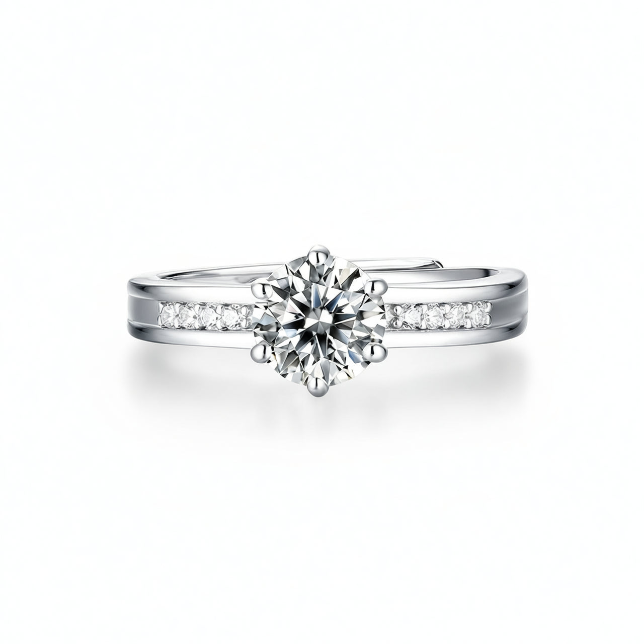 Elegante anello da donna in moissanite rotonda in argento sterling 925 con placcatura in oro 18 carati e incastonatura a sei griffe
