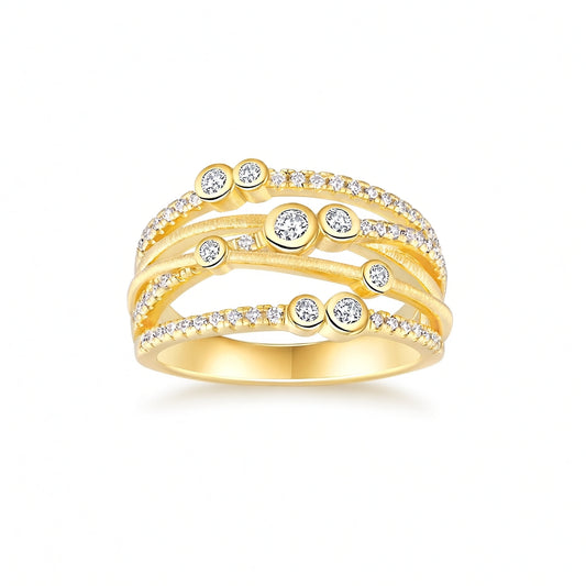 Anello da donna a fascia multipla geometrica attorcigliata stile vintage di lusso leggero con intarsio in moissanite, in argento sterling 925 e placcatura in oro 18K