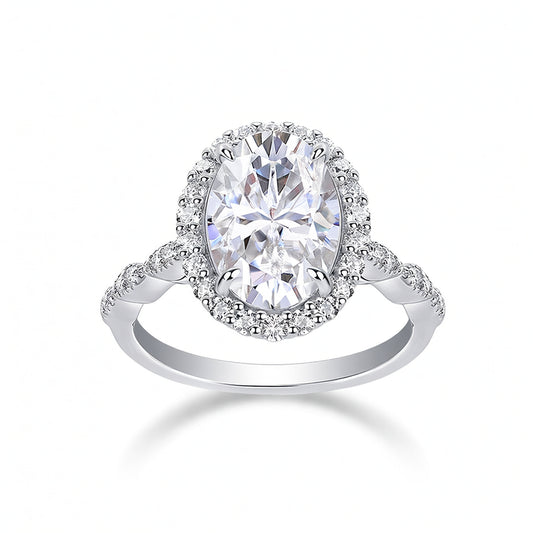 Anello da donna in argento sterling 925 con moissanite ovale e gambo a torciglione con pavé