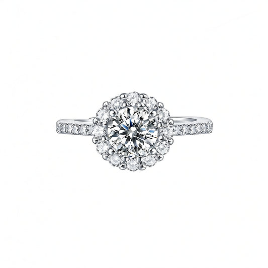 Luxury Geometric Round Moissanite Full-Inlay Ring in 925 Sterling Silver with 18K Gold Plating for Women