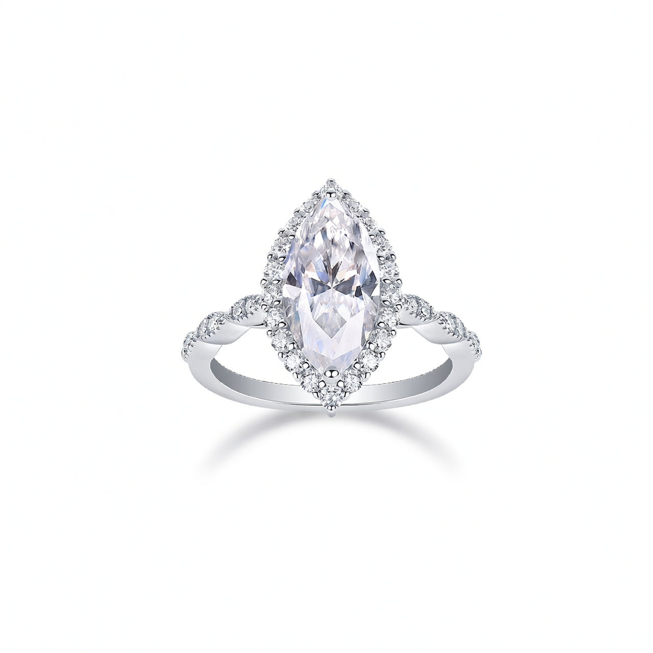 Fashion Geometric Water Drop Shape S925 Sterling Silver Moissanite Ring with Twisted Band for Women
