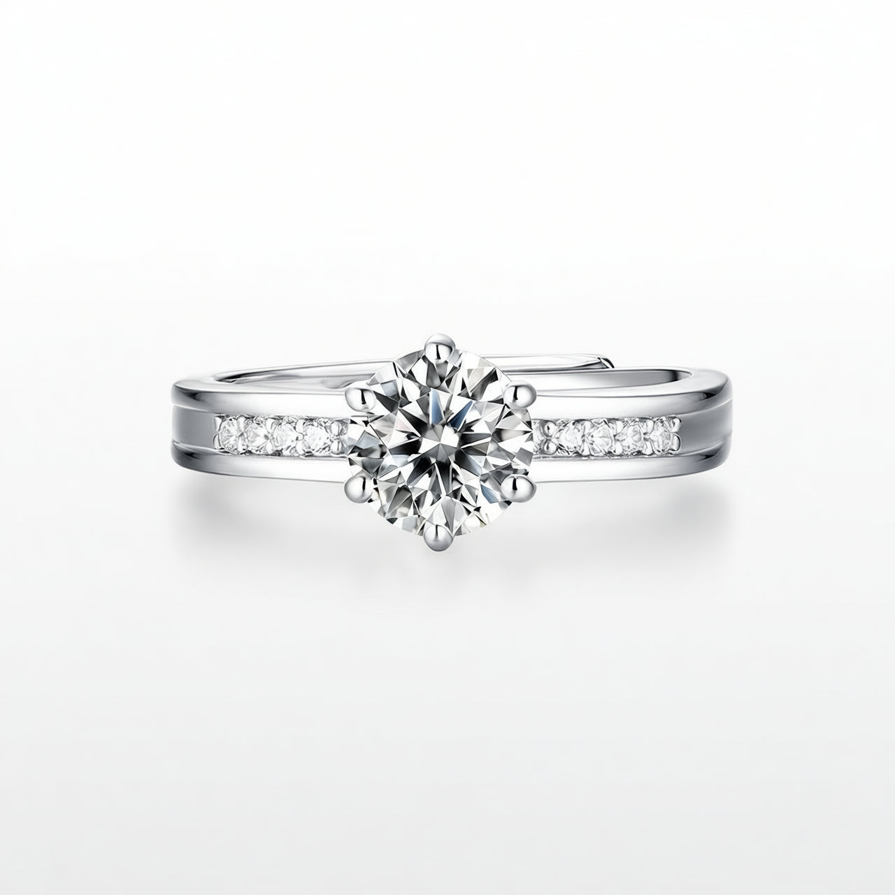 Elegante anello da donna in moissanite rotonda in argento sterling 925 con placcatura in oro 18 carati e incastonatura a sei griffe