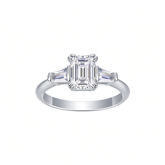 Anello da donna in argento sterling S925, design geometrico a tre pietre con moissanite taglio smeraldo