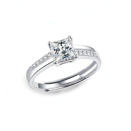 Sweet Style 925 Sterling Silver Geometric Square Ring with Moissanite Inlay and 18K Gold Plating for Women