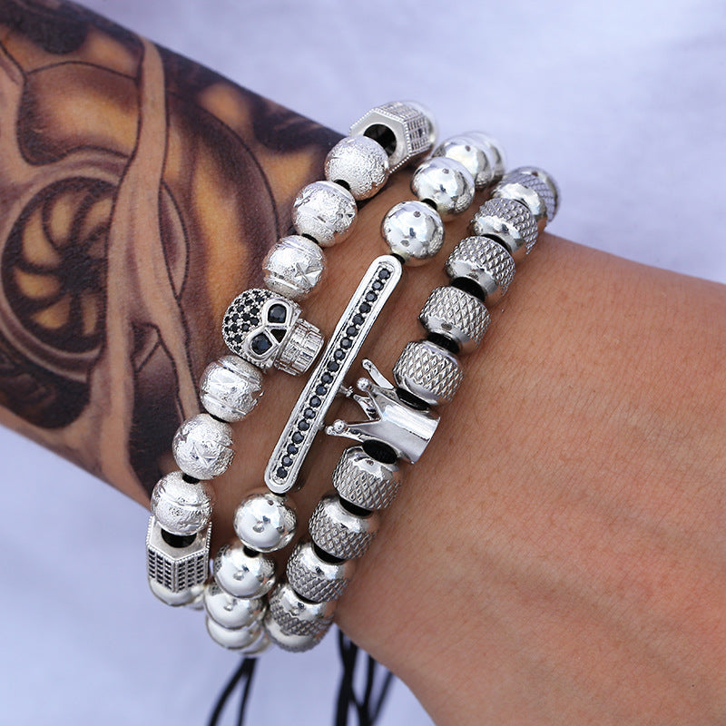 Punk Geometric Micro-inlay Cubic Zirconia Plated Brass Bracelet Set for Unisex